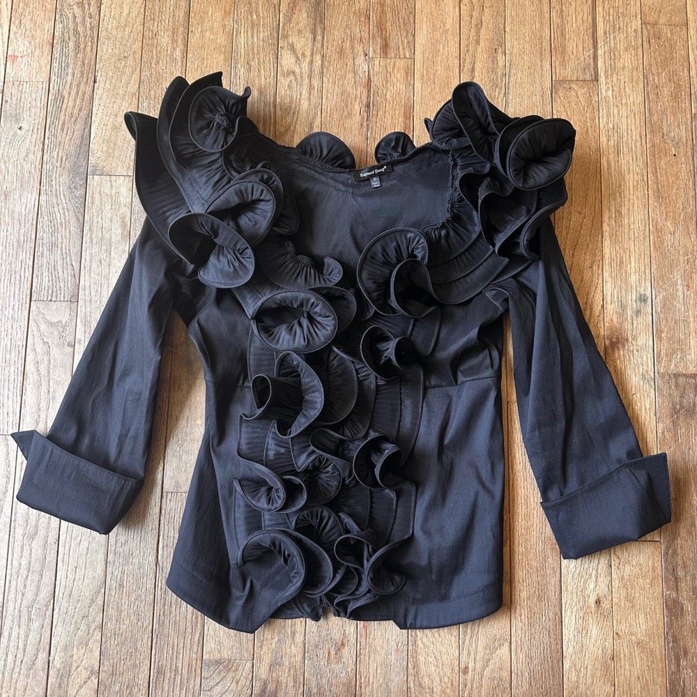 Y2K Samuel Dong Ruffle Blouse Womens Small 3/4 Sleeve Avant Garde Black Evening